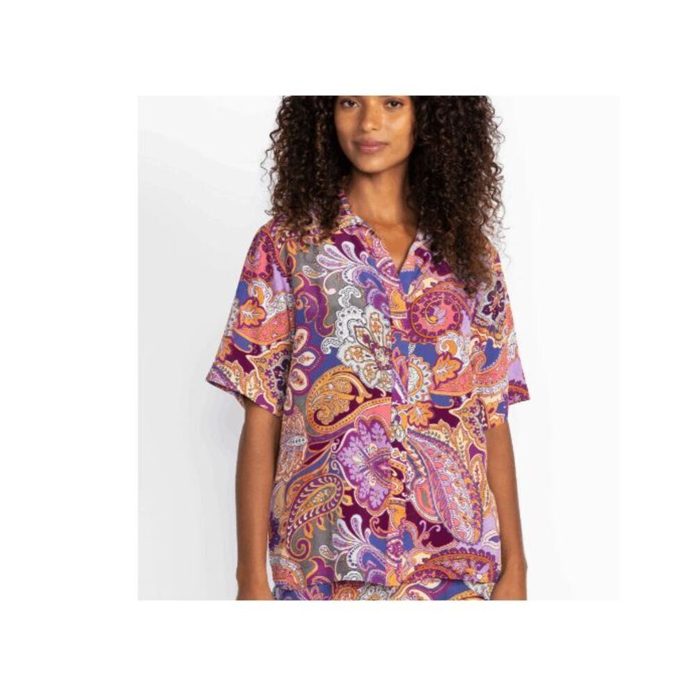 Johnny Was Carolyn Blouse Silk Hidden Button Front Short‎ Sleeve Paisley Small